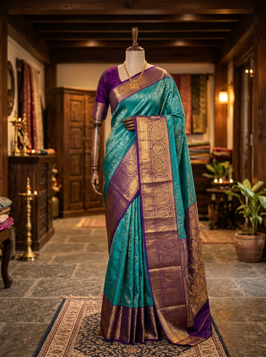 Peacock Teal & Mustard Temple Saree